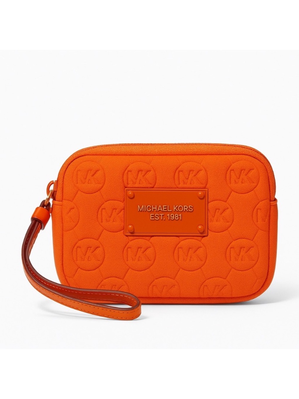 Michael Kors Jet Set Embossed Logo Scuba Fabric Wristlet Pouch Orange Neon RARE